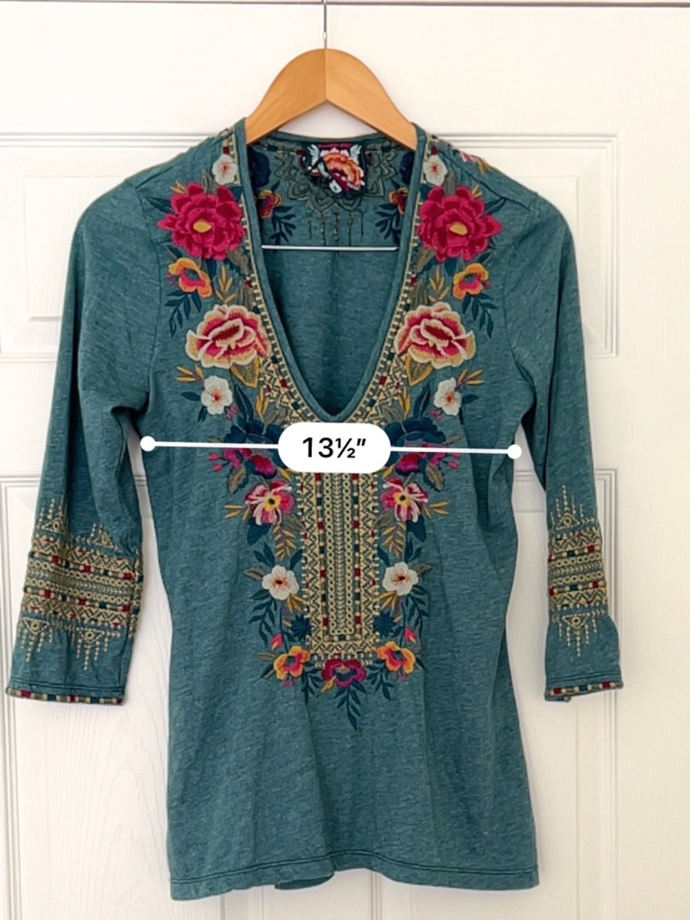 Johnny Was Teal V-Neck Tunic with Multicolor Floral Embroidery - Picture 5 of 6